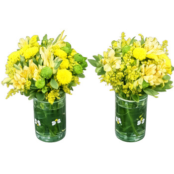Duplo Arranjo no vidro com astromelia pompom brancos e verde e tango