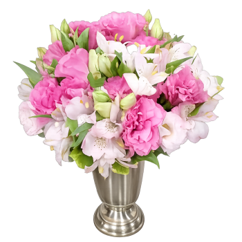Arranjo com astromelia e liziantos rosas