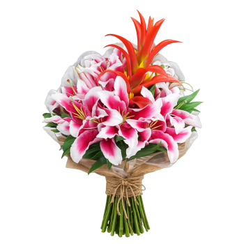 Buquê de lírio rosas com 1 galho de bromélia