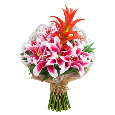 Buquê de lírio rosas com 1 galho de bromélia